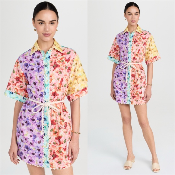 Zimmerman lightburst button down belted crochet trimmed floral mini dress - Picture 1 of 12